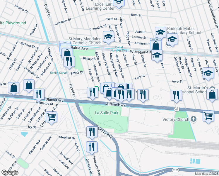 map of restaurants, bars, coffee shops, grocery stores, and more near 300 Airline Park Boulevard in Metairie
