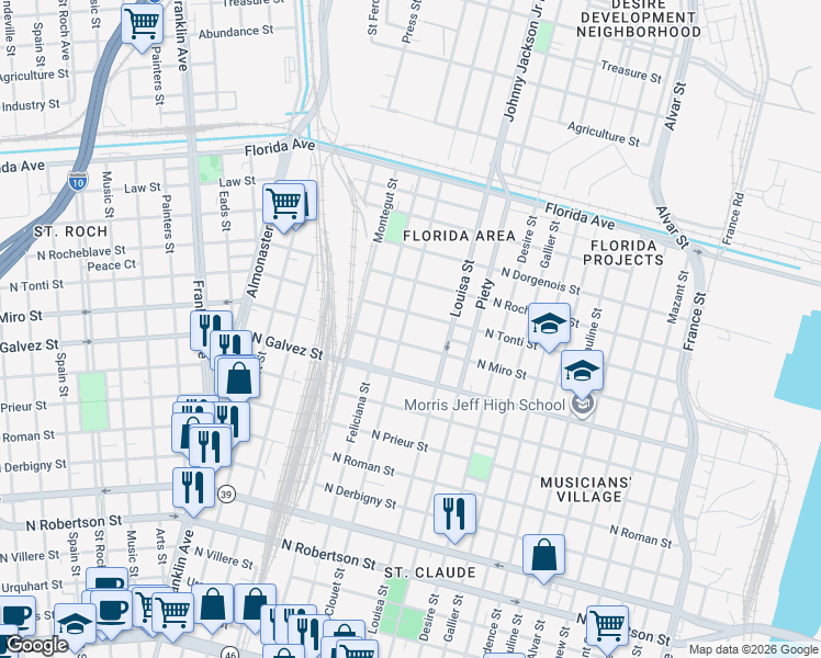 map of restaurants, bars, coffee shops, grocery stores, and more near 3107 North Miro Street in New Orleans