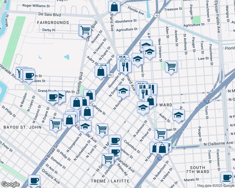 map of restaurants, bars, coffee shops, grocery stores, and more near 1661 North Rocheblave Street in New Orleans