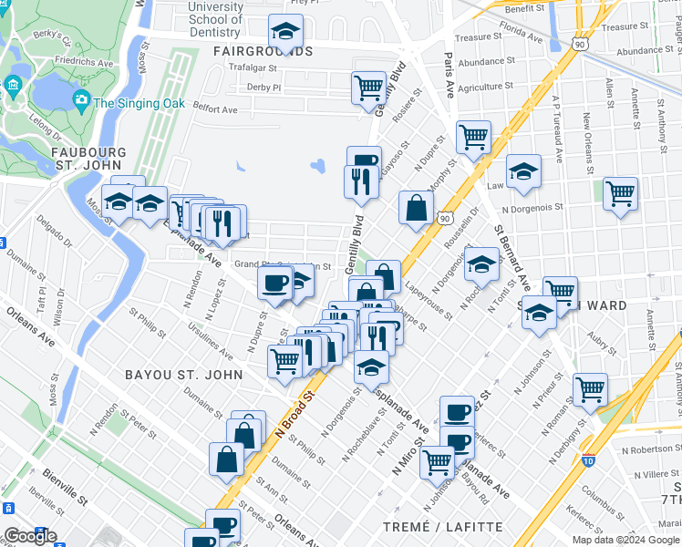 map of restaurants, bars, coffee shops, grocery stores, and more near 1515 Gentilly Boulevard in New Orleans