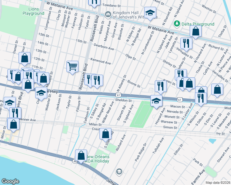 map of restaurants, bars, coffee shops, grocery stores, and more near 109 North Bengal Road in Metairie