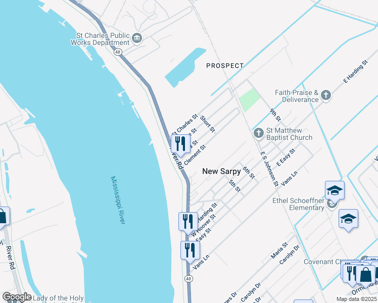 map of restaurants, bars, coffee shops, grocery stores, and more near 130 Clement Street in Destrehan