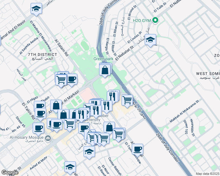 map of restaurants, bars, coffee shops, grocery stores, and more near El Wahat Rd in First 6th of October
