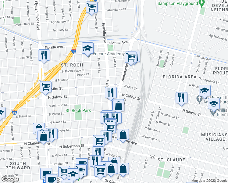 map of restaurants, bars, coffee shops, grocery stores, and more near 2031 Franklin Avenue in New Orleans