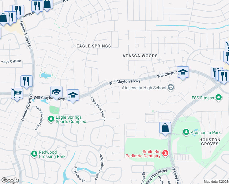 map of restaurants, bars, coffee shops, grocery stores, and more near 17922 Eagle Pass Falls Court in Humble
