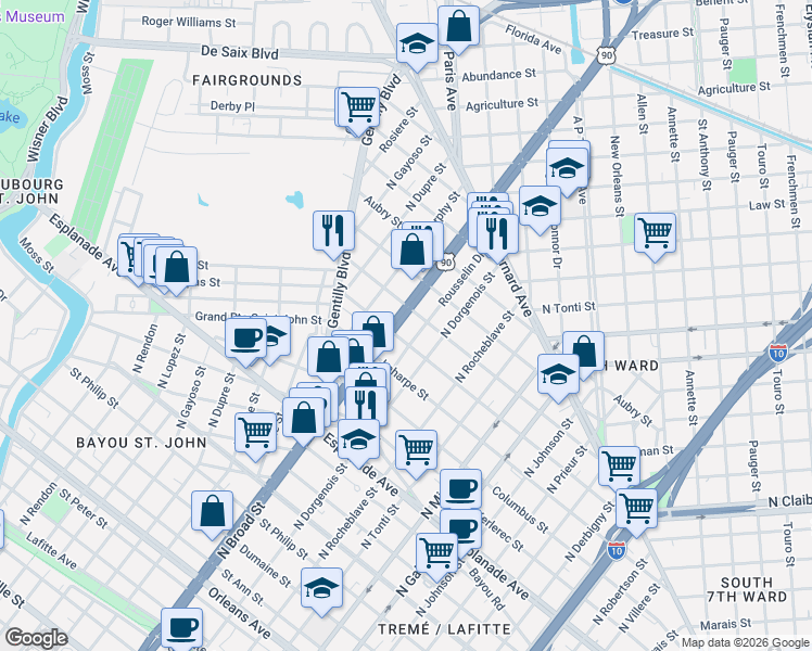 map of restaurants, bars, coffee shops, grocery stores, and more near 1580 North Broad Street in New Orleans