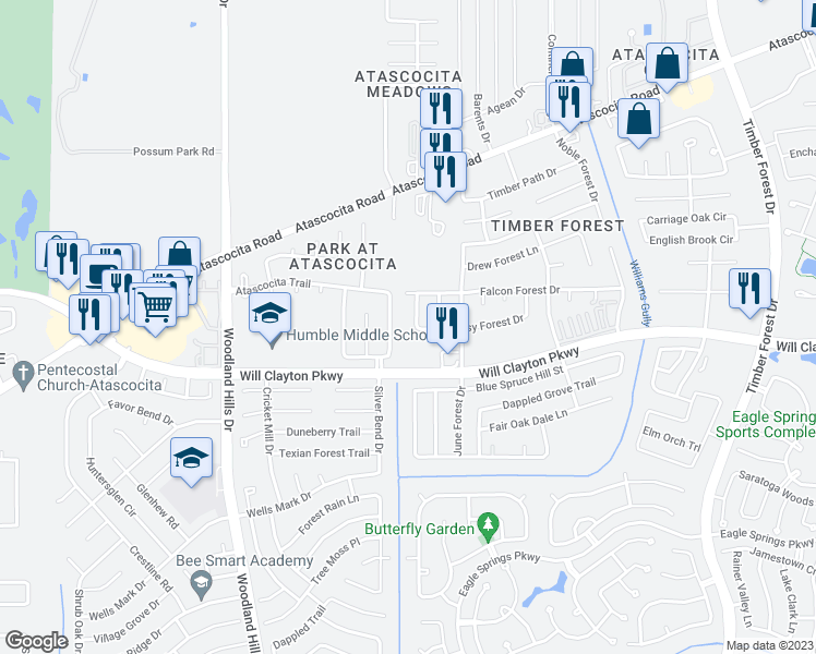 map of restaurants, bars, coffee shops, grocery stores, and more near 18007 Heron Forest Lane in Humble