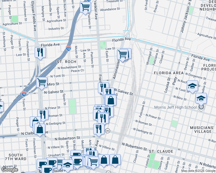 map of restaurants, bars, coffee shops, grocery stores, and more near 2031 Franklin Avenue in New Orleans