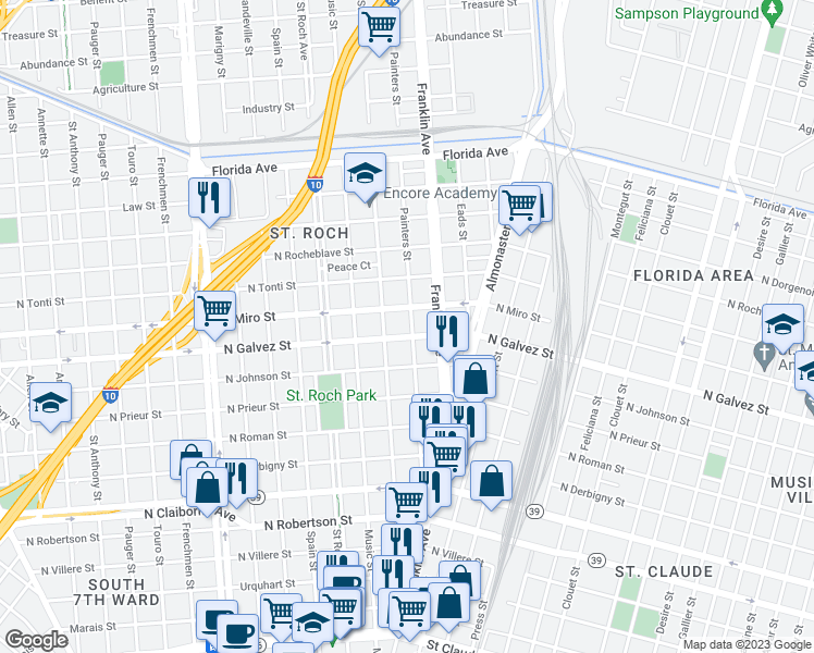 map of restaurants, bars, coffee shops, grocery stores, and more near 2544 North Galvez Street in New Orleans