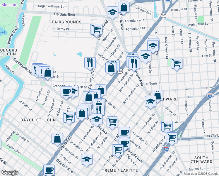 map of restaurants, bars, coffee shops, grocery stores, and more near 1580 North Broad Street in New Orleans