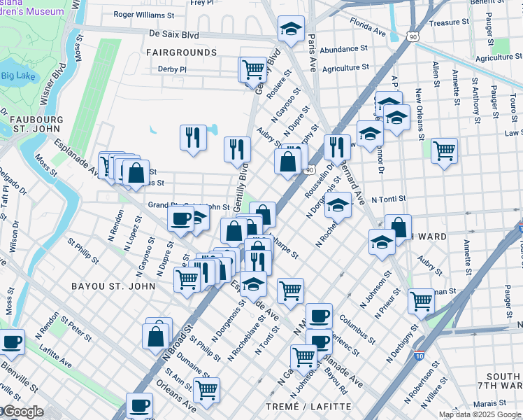 map of restaurants, bars, coffee shops, grocery stores, and more near 2621 Laharpe Street in New Orleans