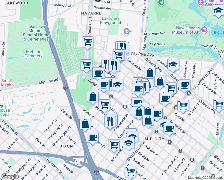 map of restaurants, bars, coffee shops, grocery stores, and more near 123 North Saint Patrick Street in New Orleans