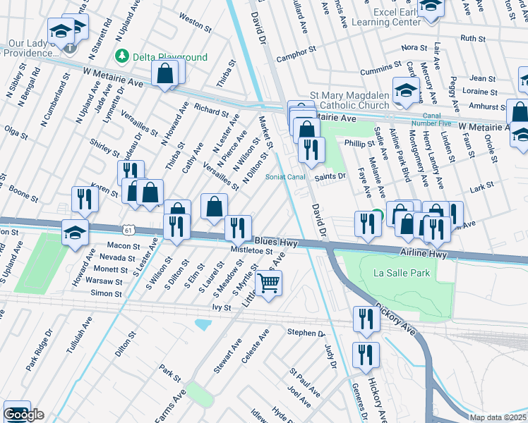 map of restaurants, bars, coffee shops, grocery stores, and more near 200 North Meadow Street in Metairie