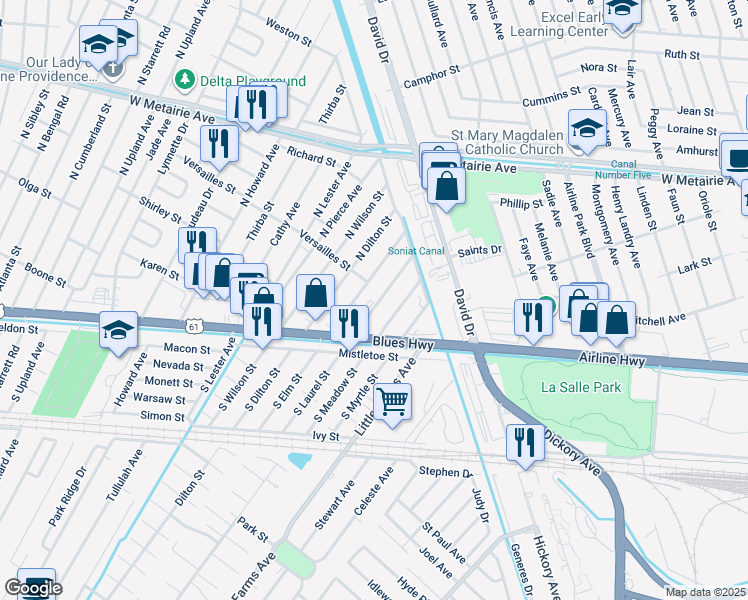 map of restaurants, bars, coffee shops, grocery stores, and more near 200 North Meadow Street in Metairie