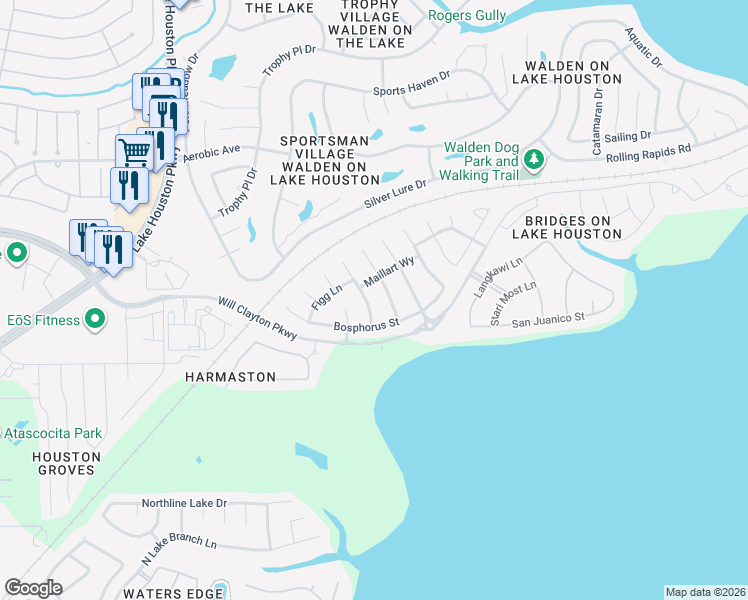 map of restaurants, bars, coffee shops, grocery stores, and more near 18010 Oliveria Way in Houston