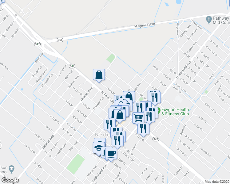 map of restaurants, bars, coffee shops, grocery stores, and more near 608 North 11th Street in Nederland