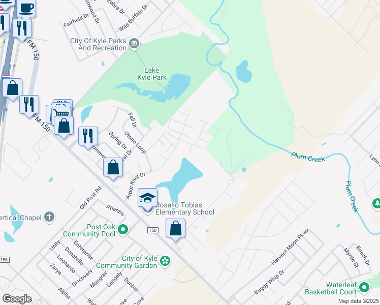 map of restaurants, bars, coffee shops, grocery stores, and more near 466 Ferrule Drive in Kyle
