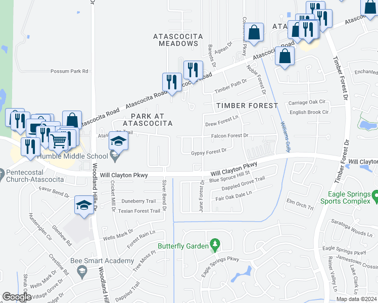 map of restaurants, bars, coffee shops, grocery stores, and more near 18003 Imber Forest Lane in Humble