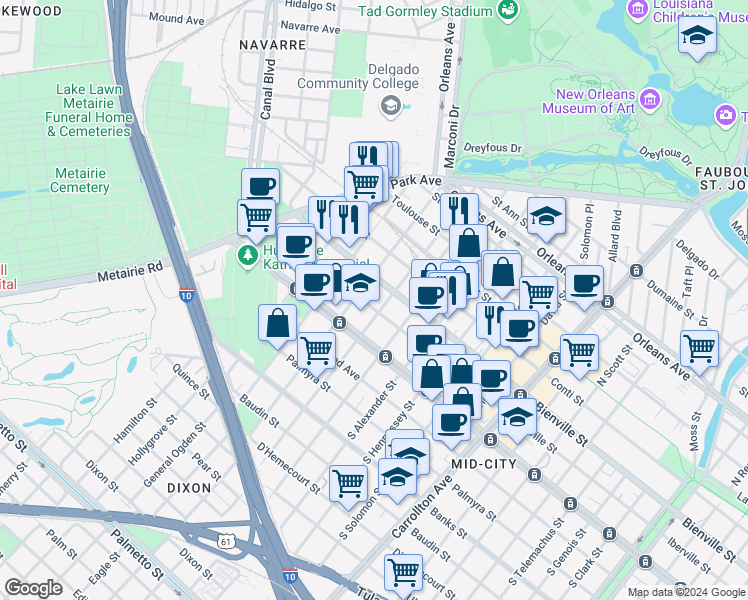 map of restaurants, bars, coffee shops, grocery stores, and more near 4615 Iberville Street in New Orleans