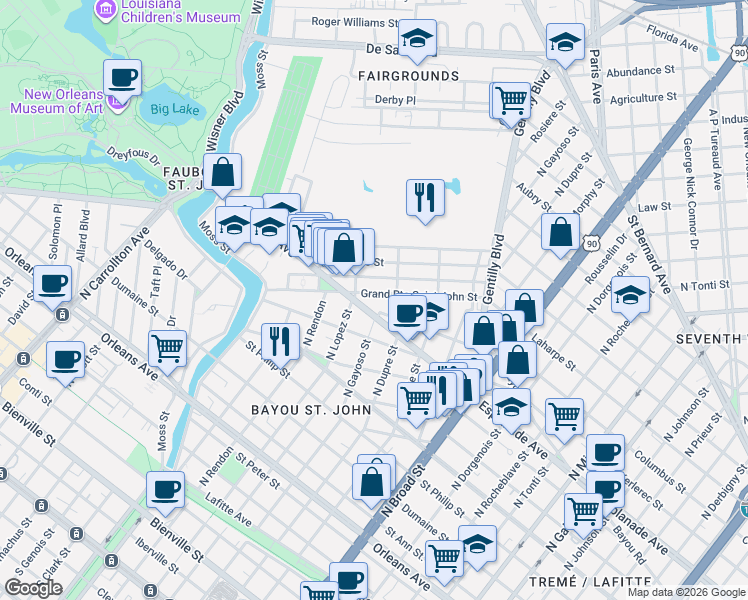 map of restaurants, bars, coffee shops, grocery stores, and more near Lepage Street in New Orleans