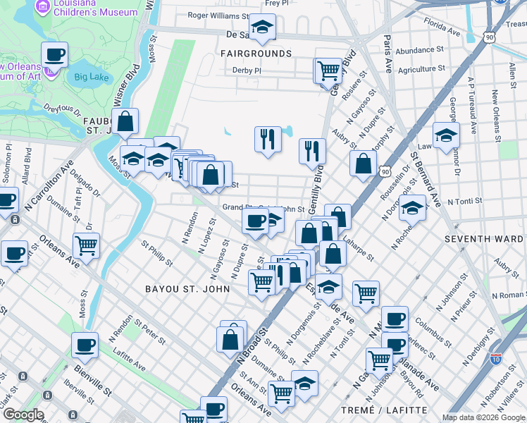map of restaurants, bars, coffee shops, grocery stores, and more near 2928 Grand Route Saint John Street in New Orleans