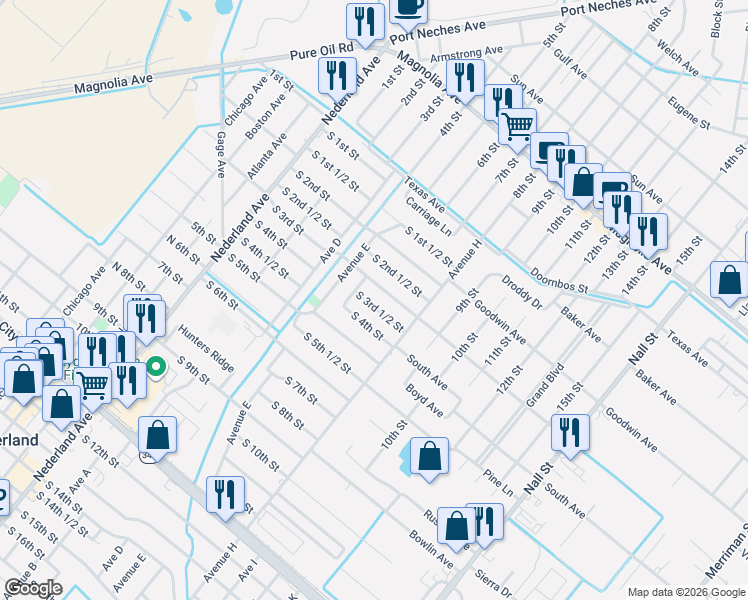 map of restaurants, bars, coffee shops, grocery stores, and more near 708 1/2 South 3rd Street in Nederland