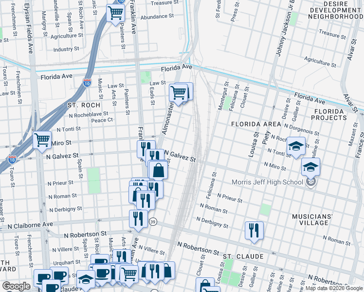map of restaurants, bars, coffee shops, grocery stores, and more near 2104 Saint Ferdinand Street in New Orleans