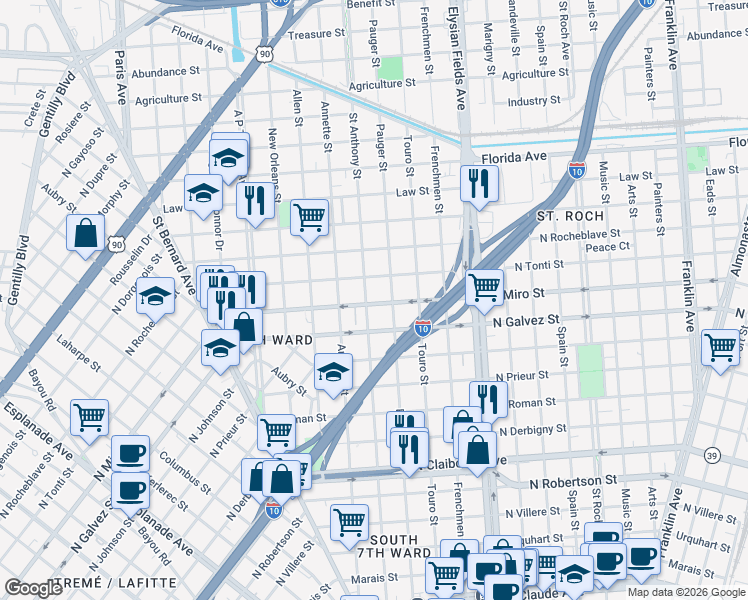 map of restaurants, bars, coffee shops, grocery stores, and more near 2822 Pauger Street in New Orleans