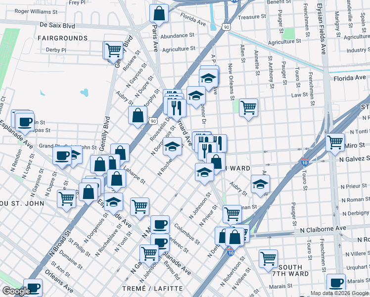 map of restaurants, bars, coffee shops, grocery stores, and more near 2315 D'Abadie Street in New Orleans