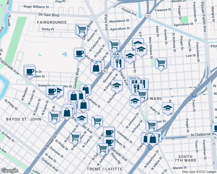 map of restaurants, bars, coffee shops, grocery stores, and more near 1661 North Rocheblave Street in New Orleans
