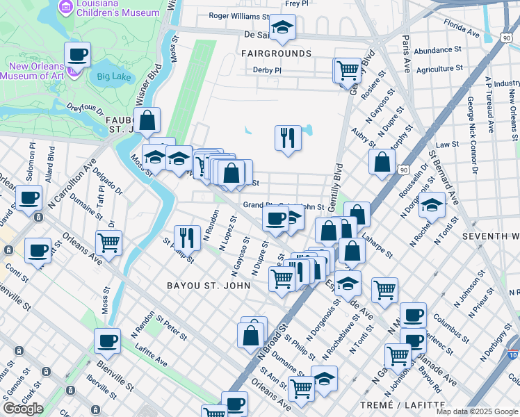 map of restaurants, bars, coffee shops, grocery stores, and more near Lepage Street in New Orleans
