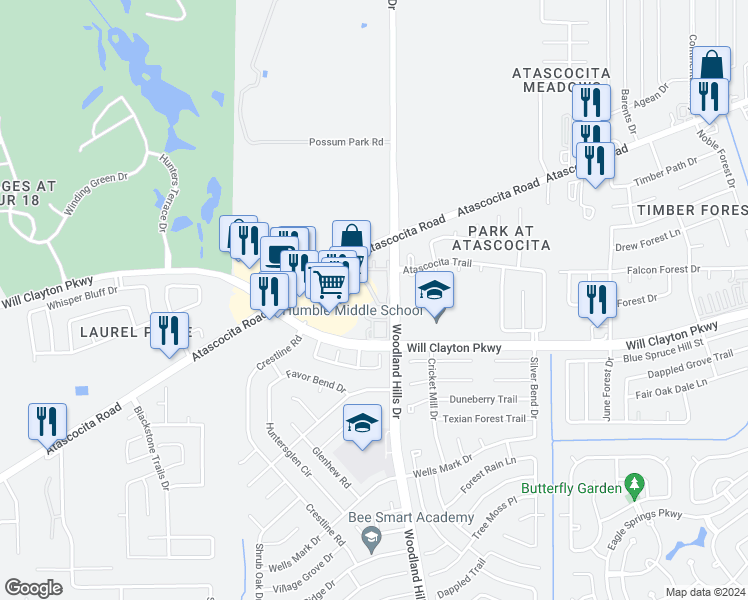 map of restaurants, bars, coffee shops, grocery stores, and more near 10 Woodland Hills Drive in Humble
