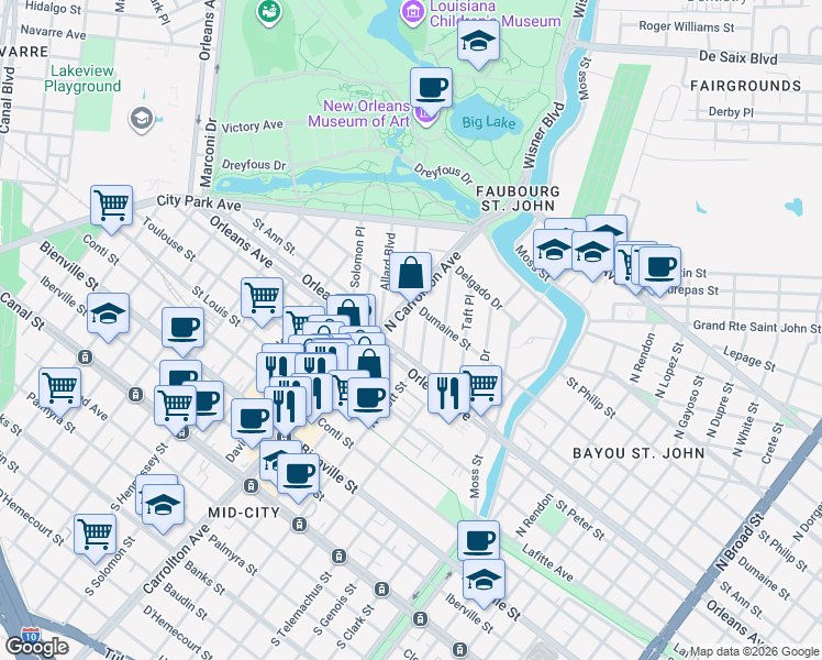 map of restaurants, bars, coffee shops, grocery stores, and more near in New Orleans