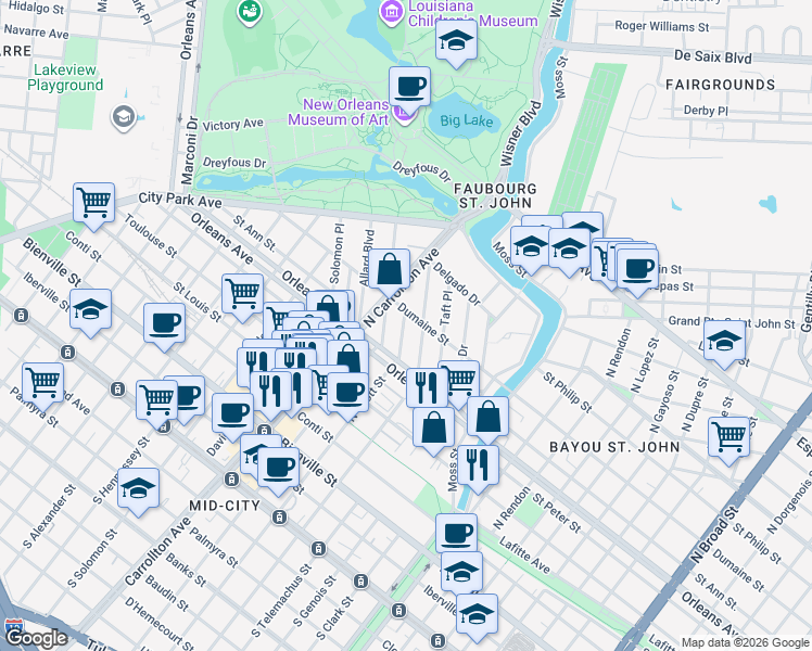 map of restaurants, bars, coffee shops, grocery stores, and more near 841 Roosevelt Place in New Orleans