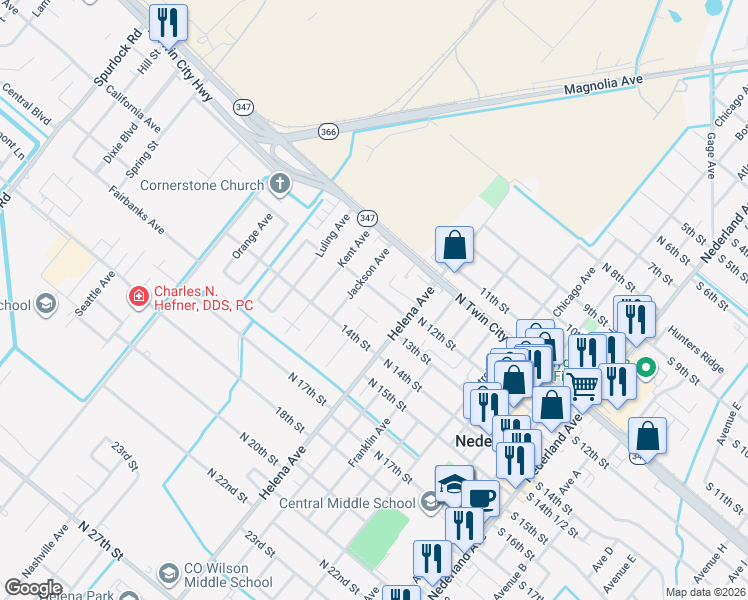 map of restaurants, bars, coffee shops, grocery stores, and more near 936 North 13th Street in Nederland