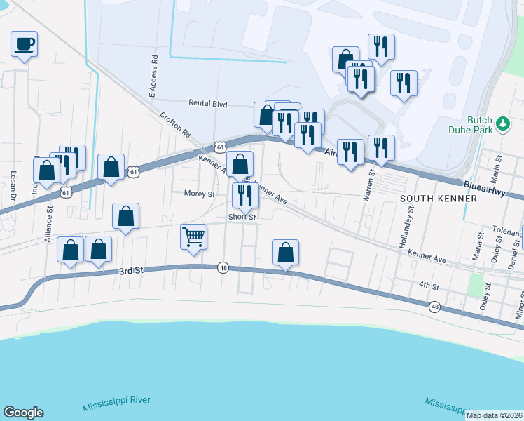 map of restaurants, bars, coffee shops, grocery stores, and more near 609 Short Street in Kenner