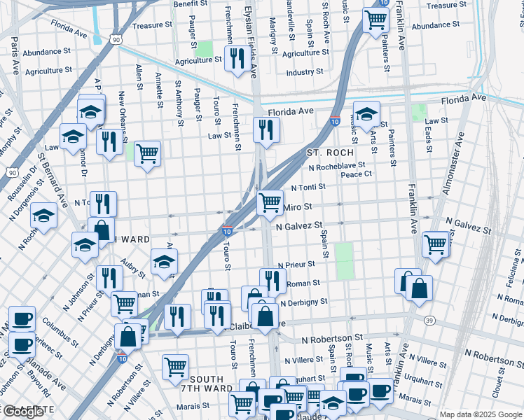 map of restaurants, bars, coffee shops, grocery stores, and more near 1 Elysian Fields Avenue in New Orleans