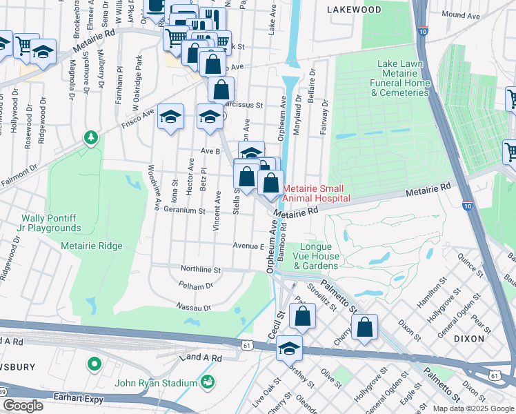 map of restaurants, bars, coffee shops, grocery stores, and more near 107 Friedrichs Avenue in Metairie