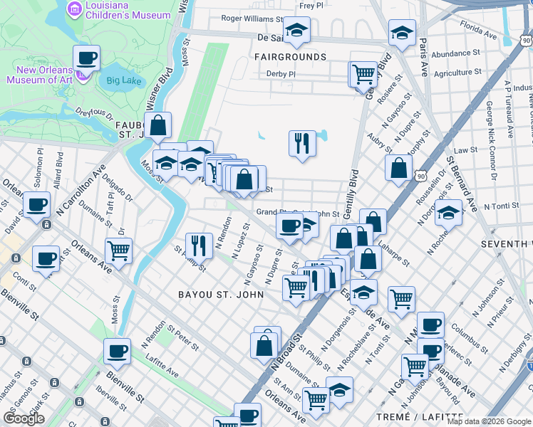 map of restaurants, bars, coffee shops, grocery stores, and more near Lepage Street in New Orleans