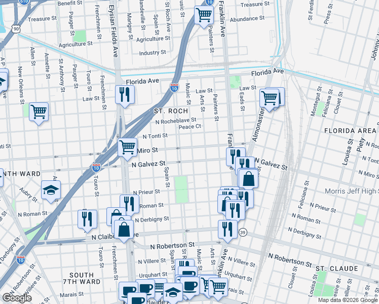 map of restaurants, bars, coffee shops, grocery stores, and more near 2410 North Galvez Street in New Orleans