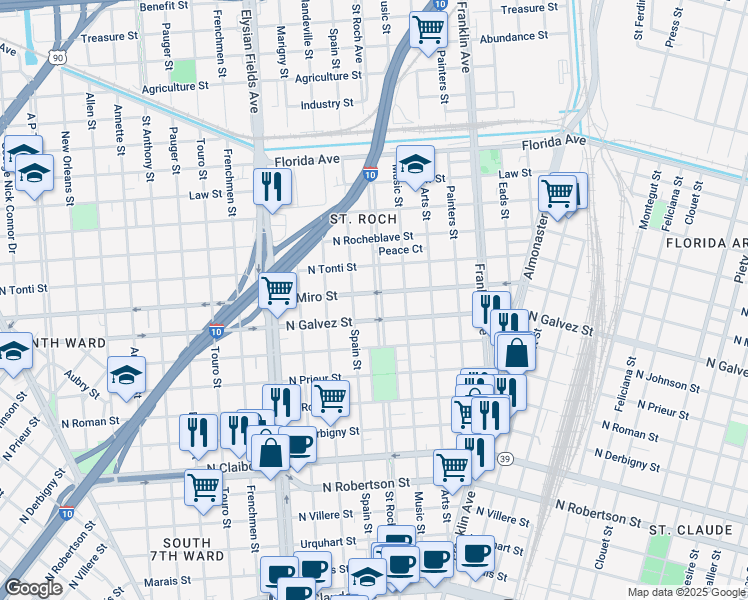 map of restaurants, bars, coffee shops, grocery stores, and more near 2410 North Galvez Street in New Orleans