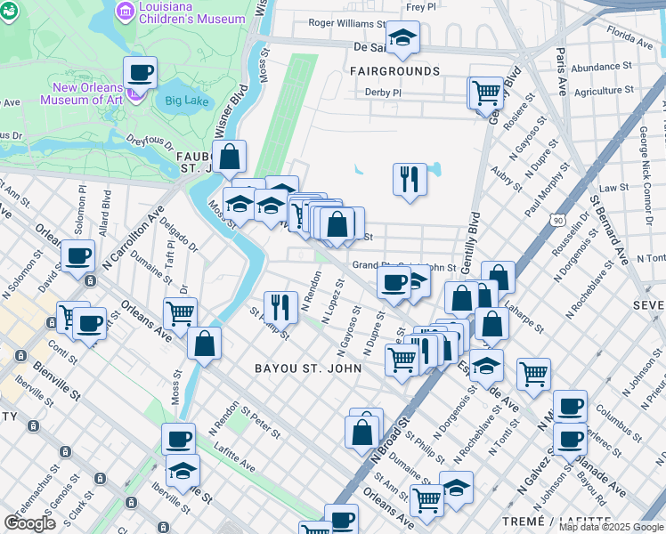 map of restaurants, bars, coffee shops, grocery stores, and more near 3109 Desoto Street in New Orleans