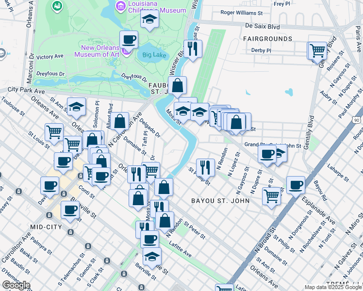 map of restaurants, bars, coffee shops, grocery stores, and more near 1035 Moss Street in New Orleans