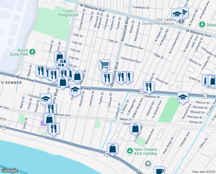 map of restaurants, bars, coffee shops, grocery stores, and more near 729 Filmore Street in Kenner