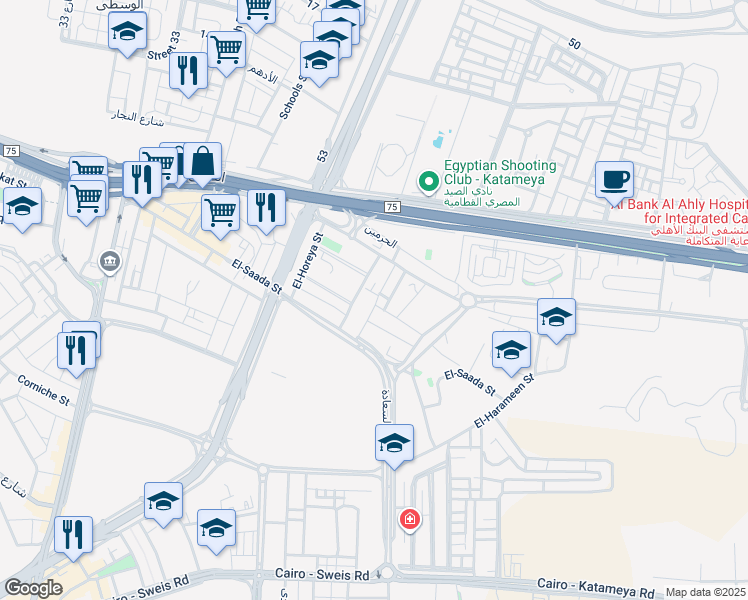 map of restaurants, bars, coffee shops, grocery stores, and more near Zahraa ElMaadi in El Basatin
