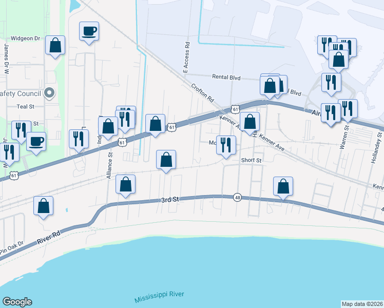 map of restaurants, bars, coffee shops, grocery stores, and more near 501 Salvador Road in Kenner