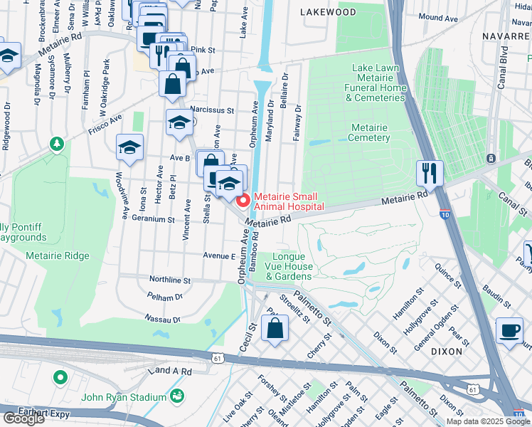 map of restaurants, bars, coffee shops, grocery stores, and more near 12 Maryland Drive in New Orleans