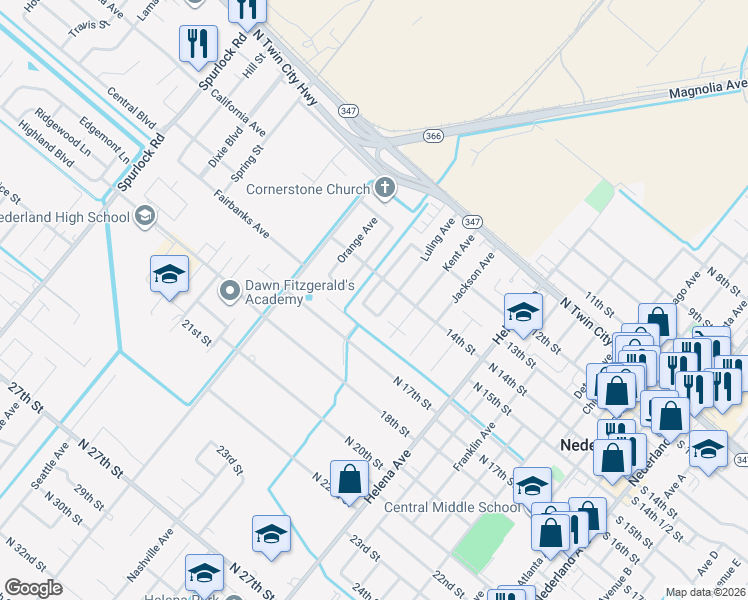 map of restaurants, bars, coffee shops, grocery stores, and more near 1408 Marshall Avenue in Nederland