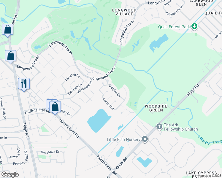 map of restaurants, bars, coffee shops, grocery stores, and more near 14402 Vanover Lane in Cypress