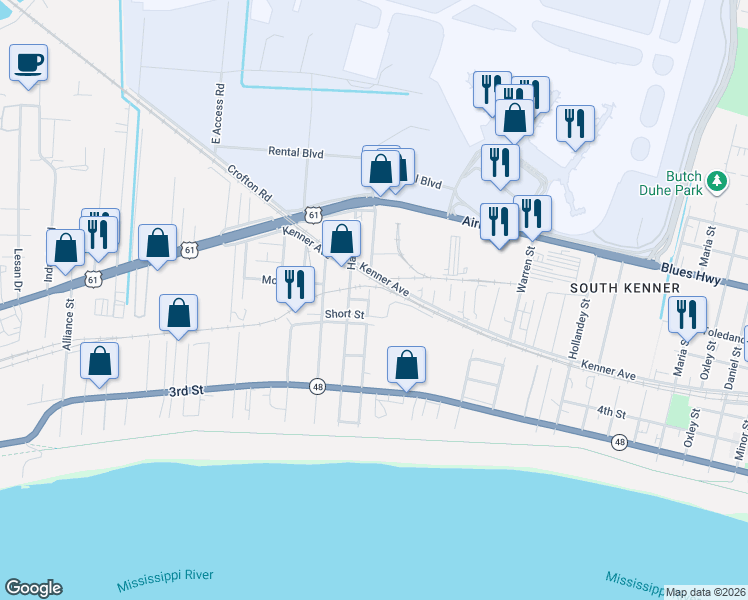 map of restaurants, bars, coffee shops, grocery stores, and more near 600 Hanson Place in Kenner